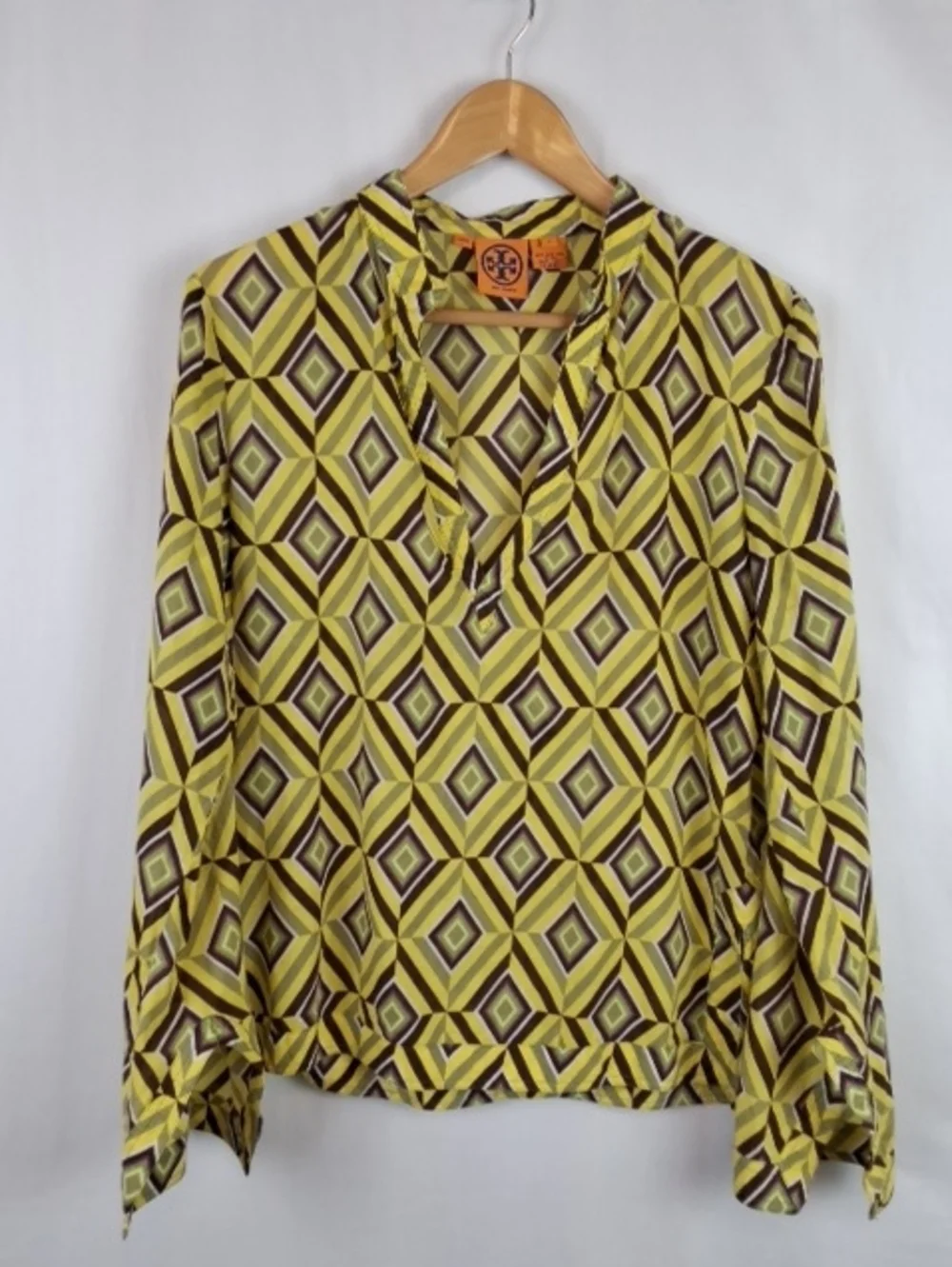 Tory Burch Yellow Geometric V-Neck Blouse